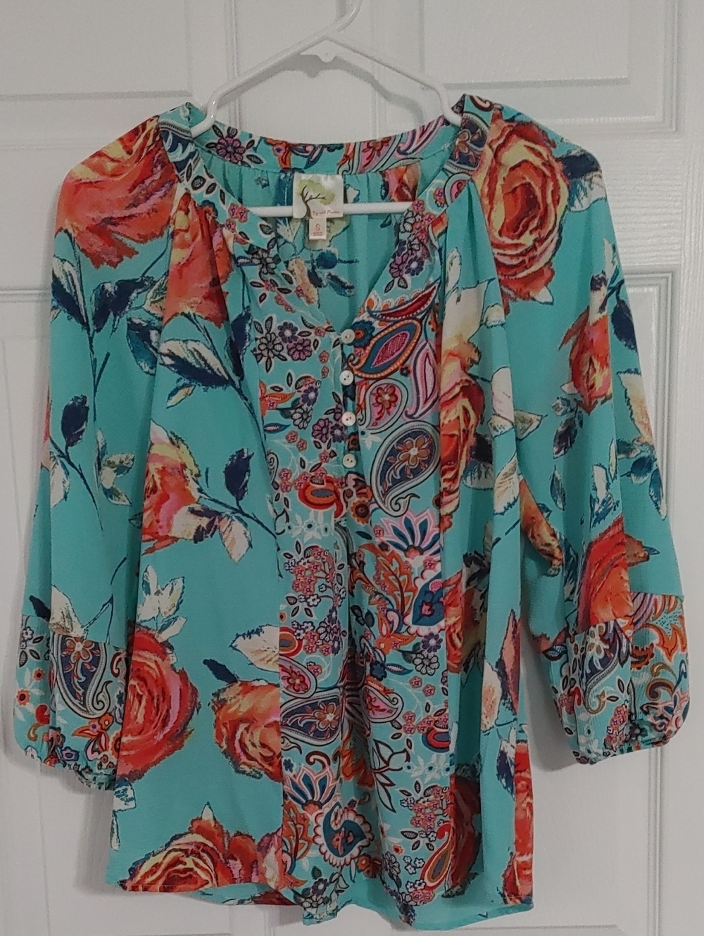 fig and flower Turquoise Peasant Blouse with Coral Floral Print